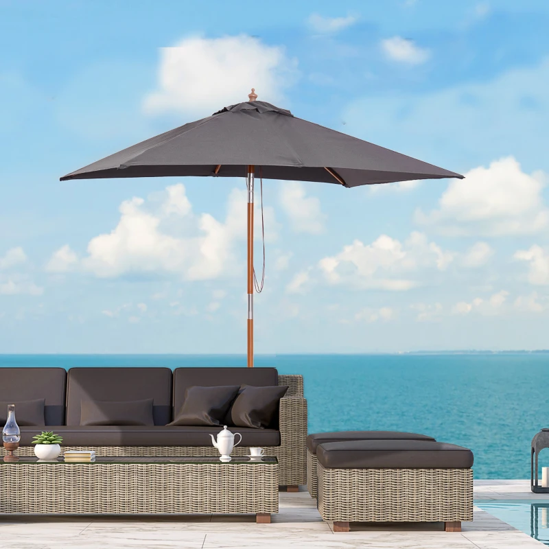 Outsunny 6.6x5ft Square Market Parasol, Wooden Patio Umbrella with Tilt Mechanism and 6 Bamboo Ribs, Garden Sunshade, Dark Grey
