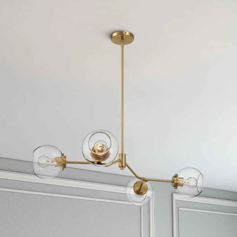 Jewel Four-Light Modern Farmhouse Chandelier with Clear Glass, Ceiling Hanging Light Fixture for Kitchen Island Dining Room, 36" L x 20" W x 8" H, Clear+Gold