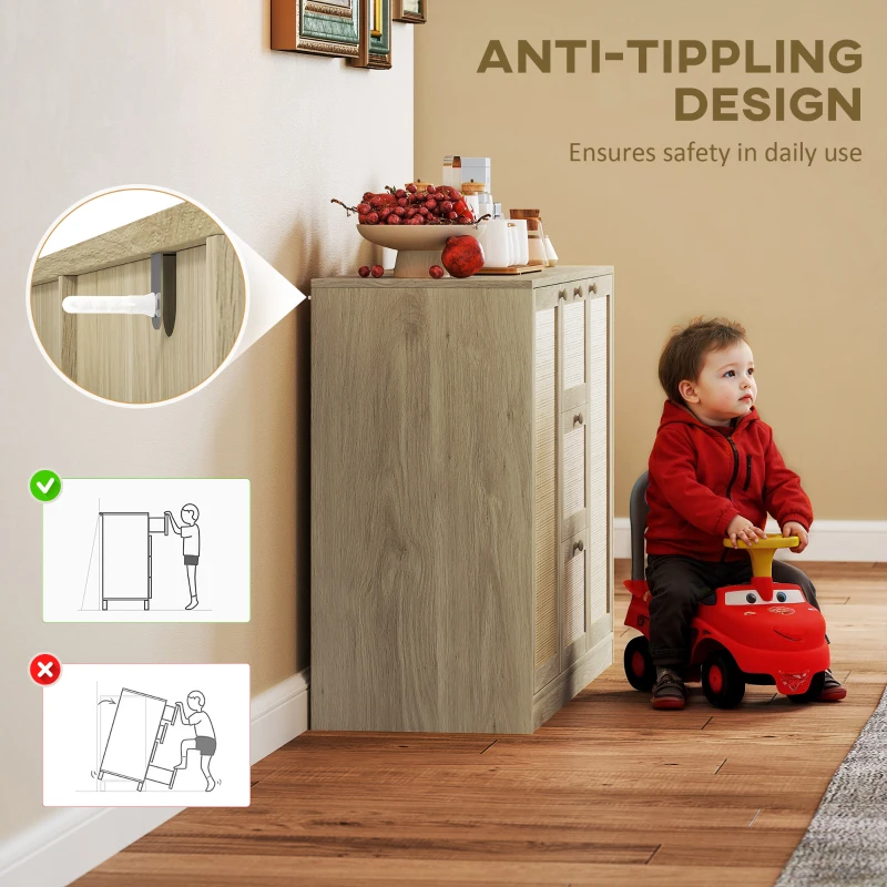 HOMCOM Boho Sideboard Buffet Cabinet, Kitchen Coffee Bar Cabinet with 3 Drawers, 2 Adjustable Shelves and 4 Racks, Natural