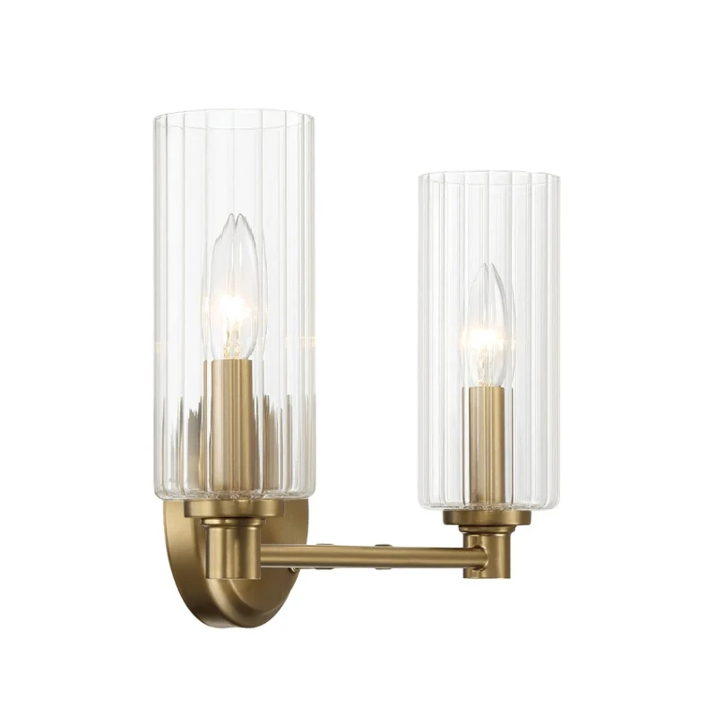 Regal Double Light Vanity with Clear Ribbed Glass, Satin Brass Finish, 15" L x 5" W x 10" H, Antique Brass+Clear