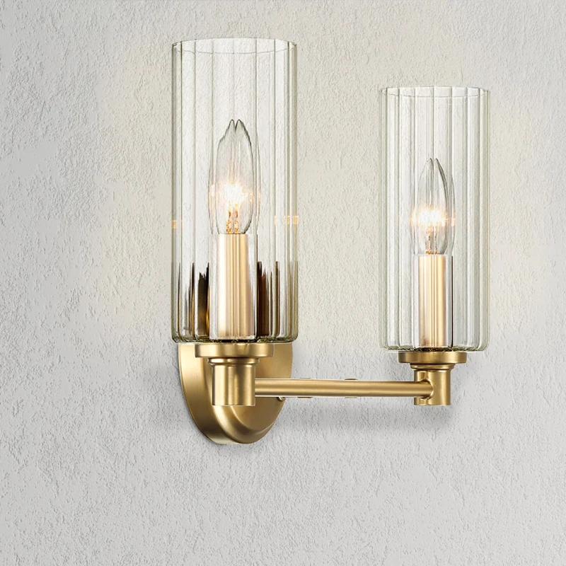 Regal Double Light Vanity with Clear Ribbed Glass, Satin Brass Finish, 15" L x 5" W x 10" H, Antique Brass+Clear