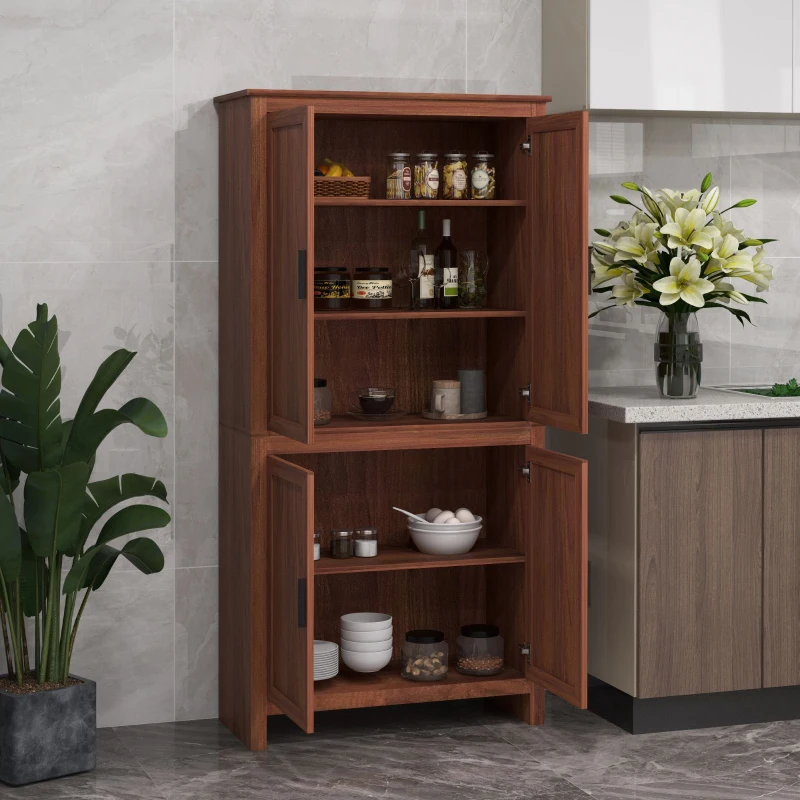HOMCOM 64" 4-Door Kitchen Pantry, Freestanding Storage Cabinet with 3 Adjustable Shelves for Kitchen, Brown