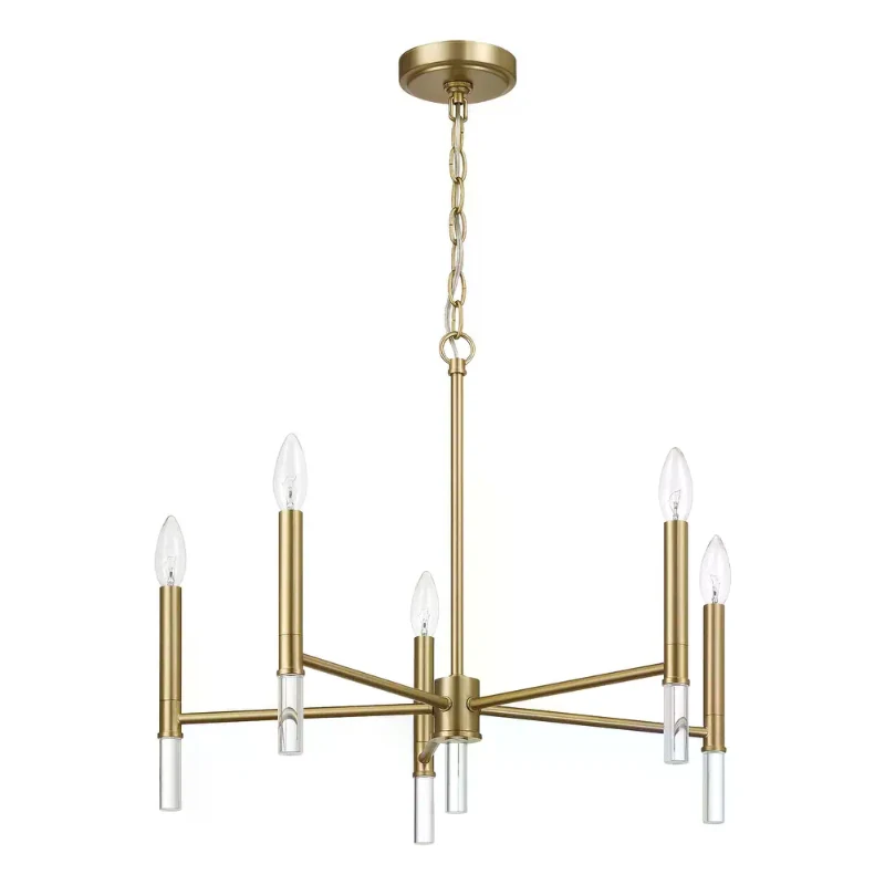 Courtyard Five Light Candle Light Chandelier with Elegant Design, Golden Brass Finish, 24" W x 24" L x 18" H, Clear+Gold