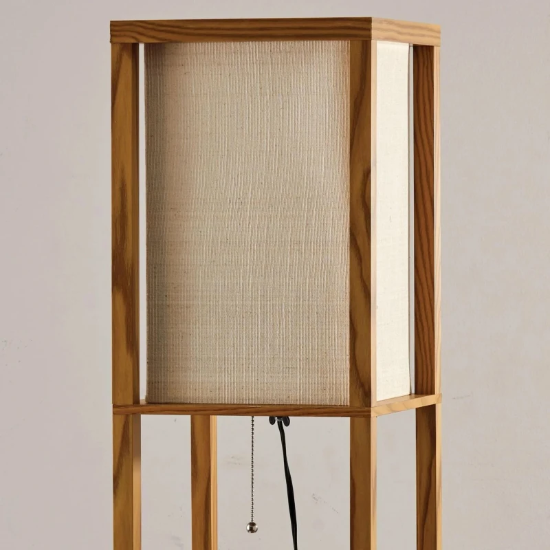 Pinnacle Shelf Floor Lamp with Built-in Shelves, Natural Wood and Long Shade, 10" L x 10" W x 62" H, Natural+White