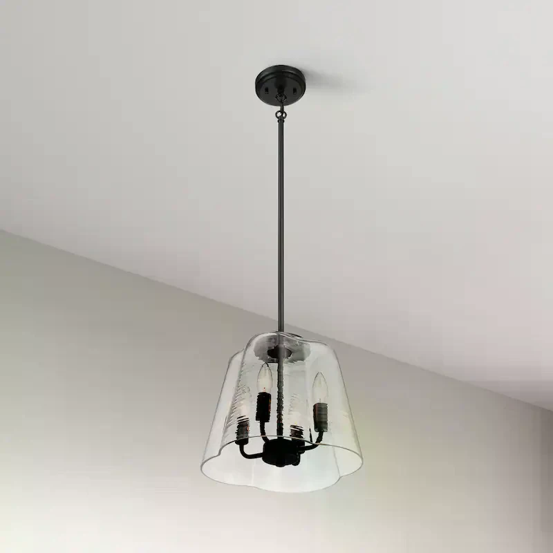Modern Four Candle Lights Pendant with Sleek Black Finish, Clear Glass Shade, Ideal for Living Room, Bedroom, 13" L x 13" W x 11" H, Black+Clear