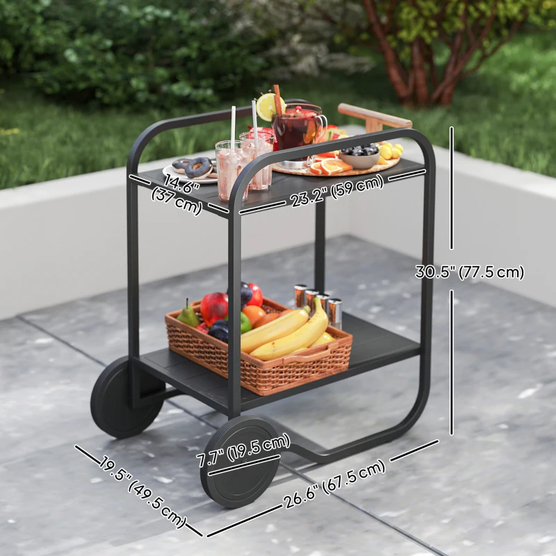 Outsunny Outdoor Grill Cart with Storage, 2-Tier Bar Cart on Wheels with Side Handle, Steel Frame for Indoor Outdoor, Black