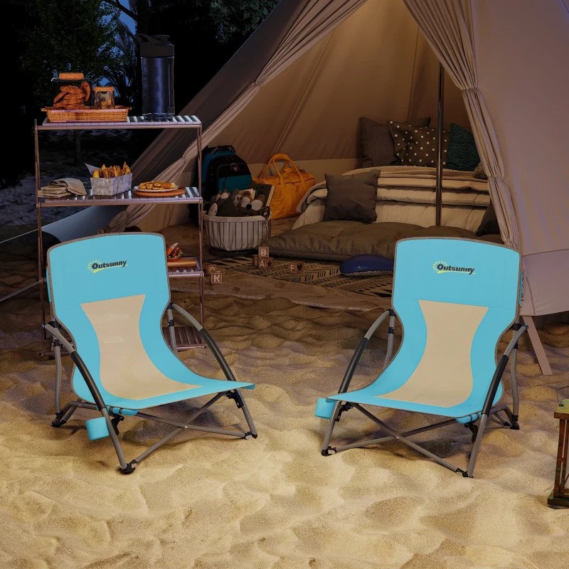 Outsunny Set of 2 Folding Beach Chairs with Mesh Back, Carry Bag and Cup Holder for Outdoor Camping Lawn, 22.8" x 21.7" x 24.4"