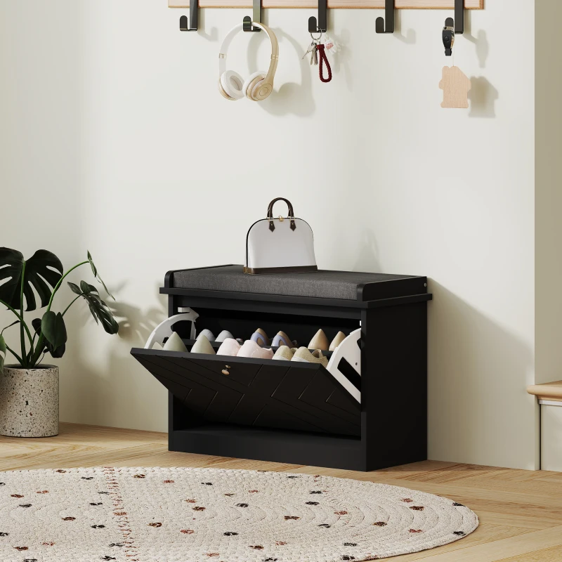 HOMCOM Shoe Storage with Seat, Upholstered Hallway Bench, Shoe Bench with Flip Drawer, Adjustable Shelf for 6 Pairs of Shoes