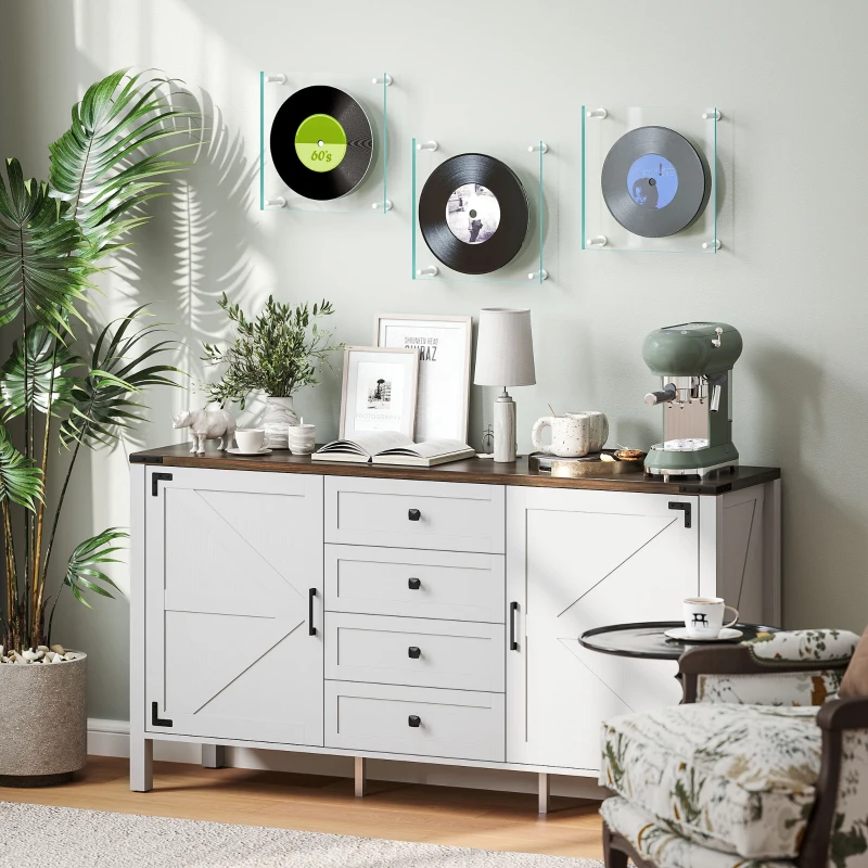 HOMCOM 59" Buffet Cabinet, Farmhouse Sideboard with Thick Top, 2 Barn Doors, 4 Drawers and 2 Adjustable Shelves, White