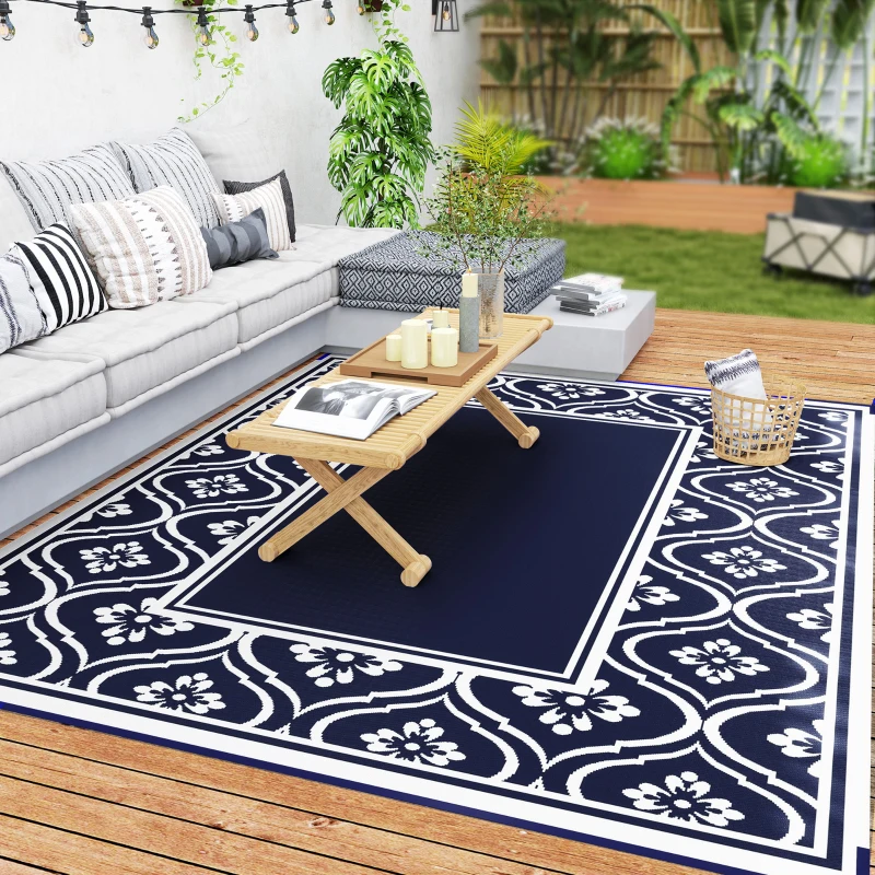 Outsunny 8' x 10' Outdoor RV Rug, Reversible Patio Floor Mat with Carry Bag, Gourd Border, Blue and White
