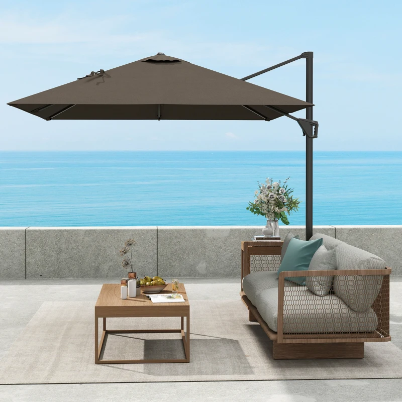 Outsunny 8'x8' Square Patio Hanging Offset Umbrella, Outdoor Cantilever Parasol w/ Cross Base, Tan