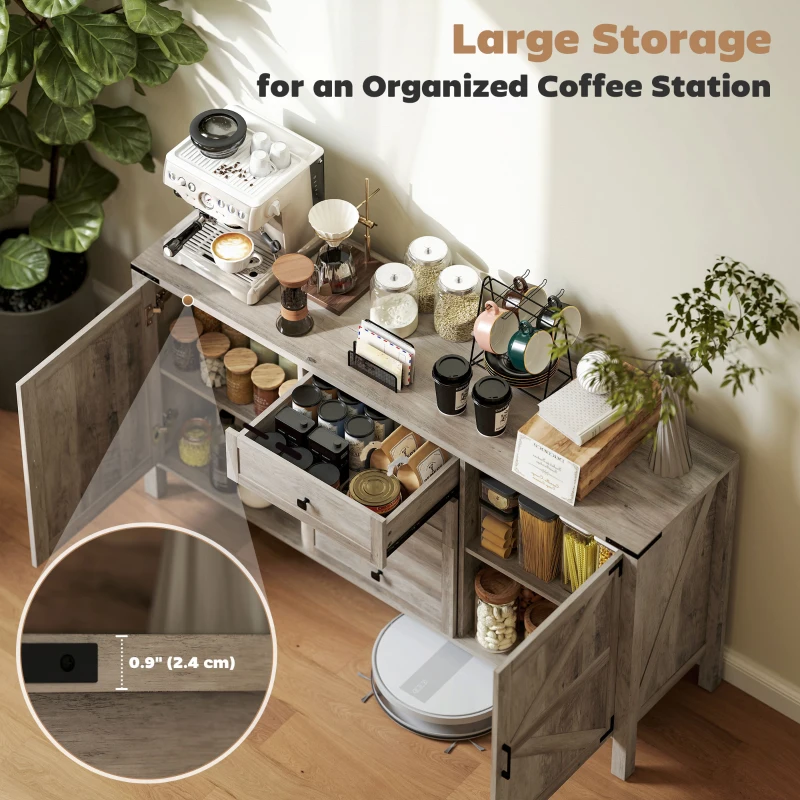 HOMCOM 59" Buffet Cabinet, Farmhouse Sideboard with Thick Top, 2 Barn Doors, 4 Drawers and 2 Adjustable Shelves, Grey