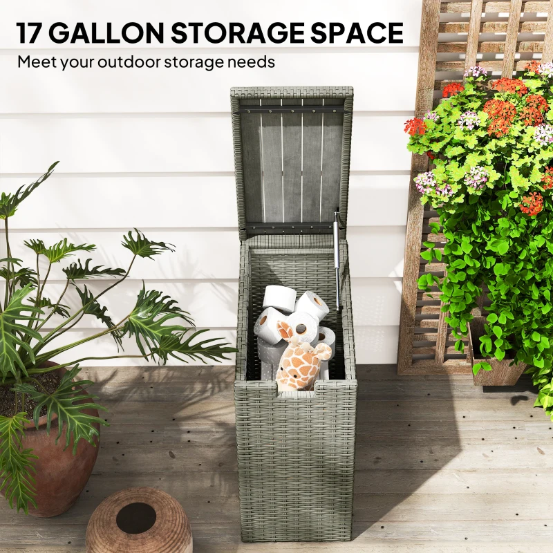 Outsunny 17-Gallon Small Deck Box, Wicker Outdoor Storage Box with Acacia Wood Top for Patio Cushions and Garden Tools, Gray
