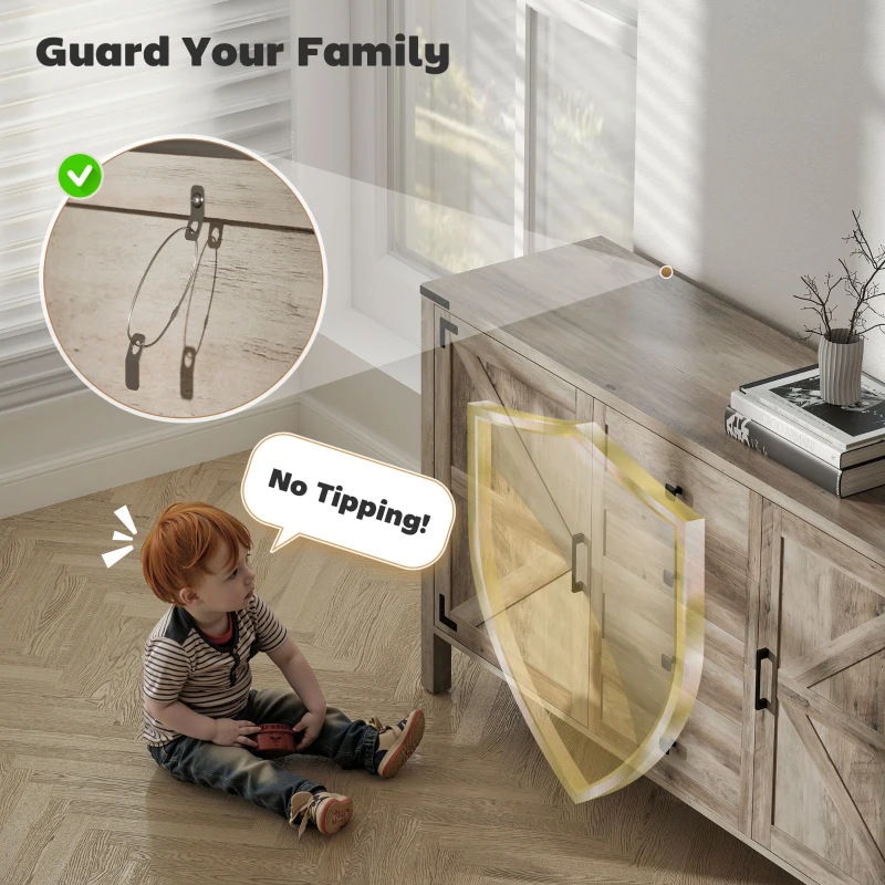 HOMCOM 59" Buffet Cabinet, Farmhouse Sideboard with Thick Top, 2 Barn Doors, 4 Drawers and 2 Adjustable Shelves, Grey