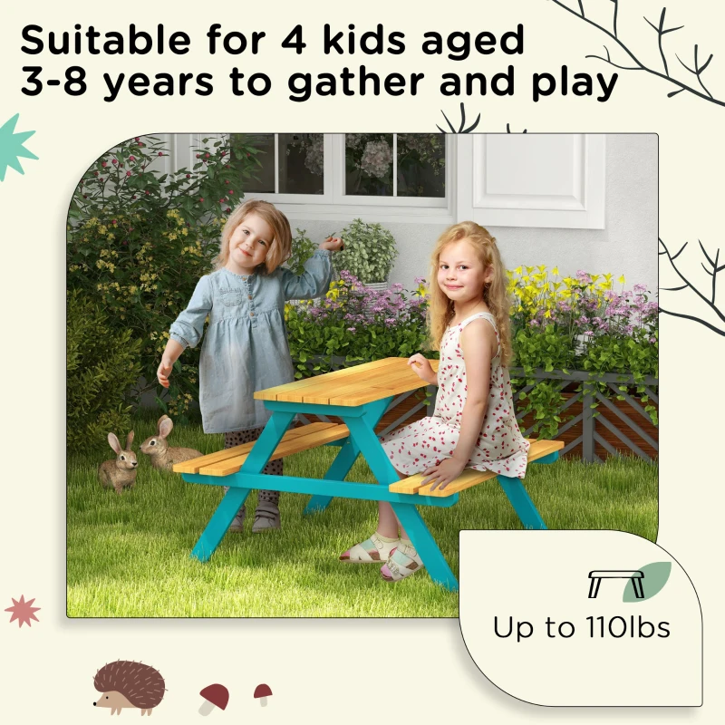 Outsunny Kids Outdoor Table Set Wooden Toddler Picnic Table & Benches for 4 Kids 3-8 Years Old, Easy Installation, Natural Wood