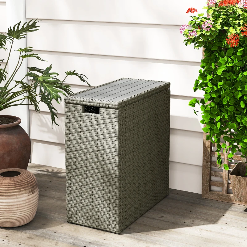 Outsunny 17-Gallon Small Deck Box, Wicker Outdoor Storage Box with Acacia Wood Top for Patio Cushions and Garden Tools, Gray
