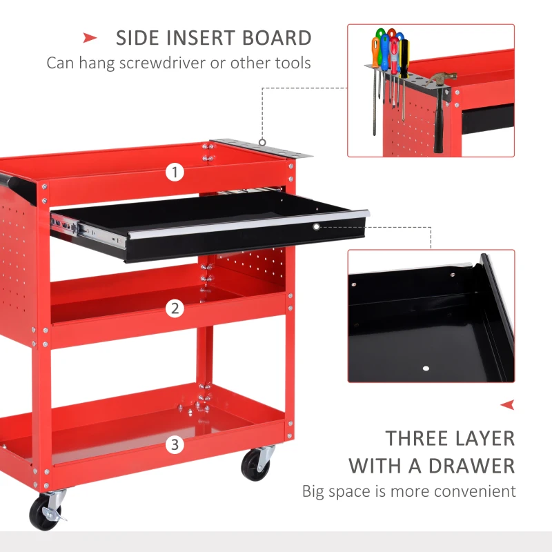 HOMCOM Tool Cart on Wheels, Utility Cart with Wheels, Ball Bearing Drawer, Storage Trays for Garage, Warehouse, Workshop, Red