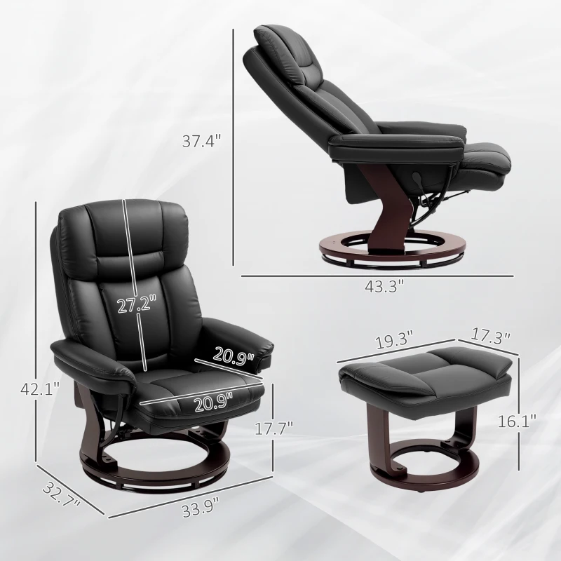 HOMCOM Swivel Recliner with Ottoman, PU Leather Reclining Chair with Footrest, for Living Room, Bedroom, Black
