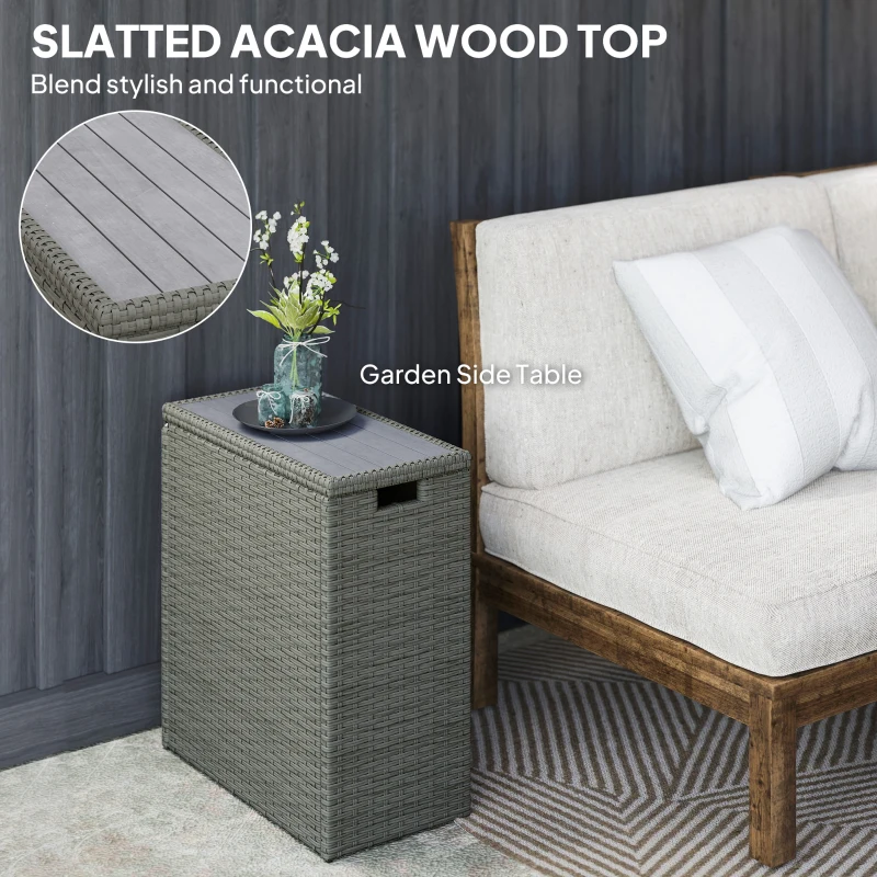 Outsunny 17-Gallon Small Deck Box, Wicker Outdoor Storage Box with Acacia Wood Top for Patio Cushions and Garden Tools, Gray