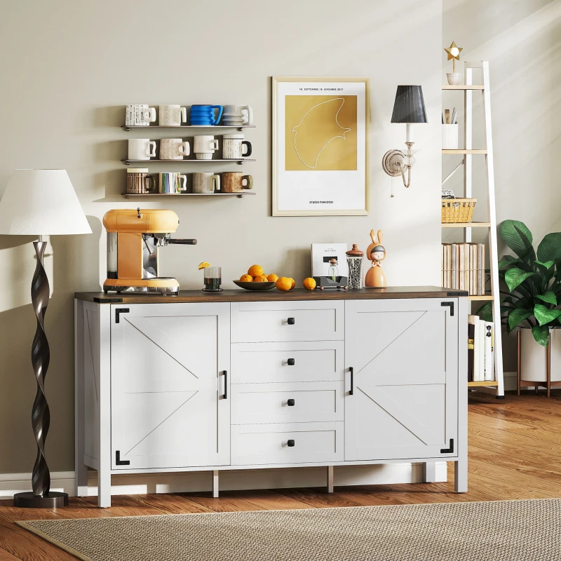 HOMCOM 59" Buffet Cabinet, Farmhouse Sideboard with Thick Top, 2 Barn Doors, 4 Drawers and 2 Adjustable Shelves, White