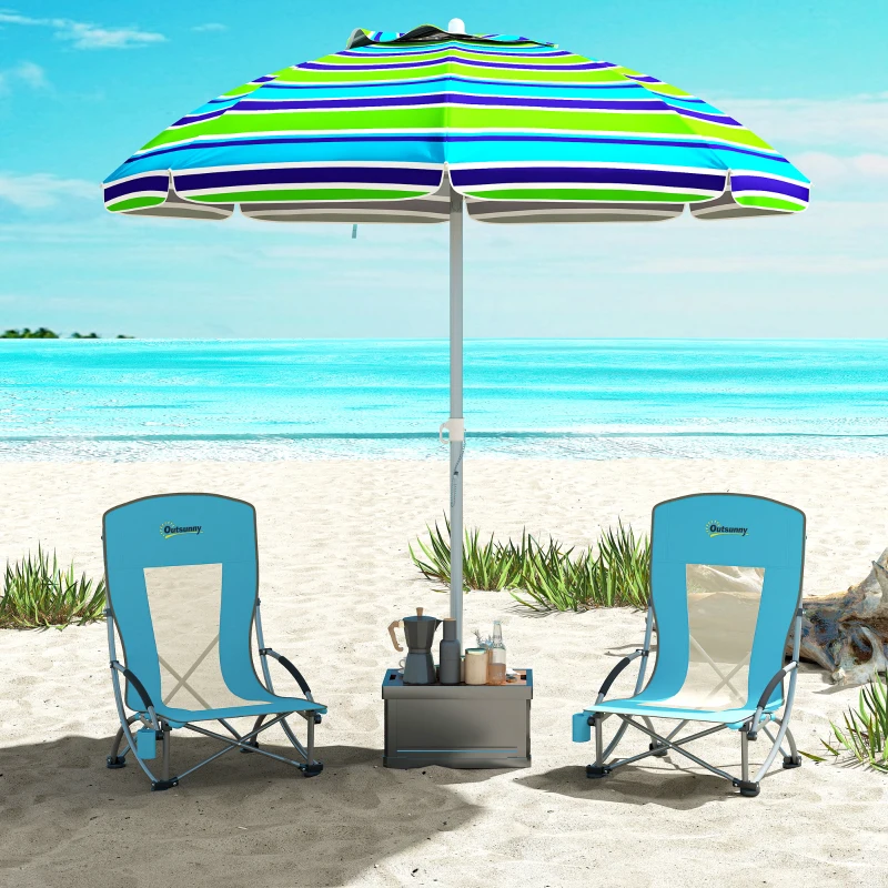 Outsunny Set of 2 Folding Beach Chairs with Mesh Back, Carry Bag and Cup Holder for Outdoor Camping Lawn, 27.6" x 22.8" x 31.1"