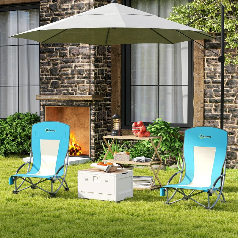 Outsunny Set of 2 Folding Beach Chairs with Mesh Back, Carry Bag and Cup Holder for Outdoor Camping Lawn, 27.6" x 22.8" x 31.1"