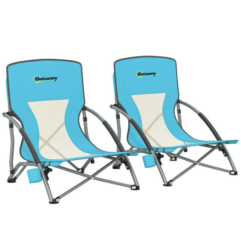 Outsunny Set of 2 Folding Beach Chairs with Mesh Back, Carry Bag and Cup Holder for Outdoor Camping Lawn, 22.8" x 21.7" x 24.4"