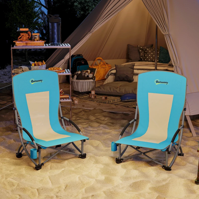 Outsunny Set of 2 Folding Beach Chairs with Mesh Back, Carry Bag and Cup Holder for Outdoor Camping Lawn, 27.6" x 22.8" x 31.1"