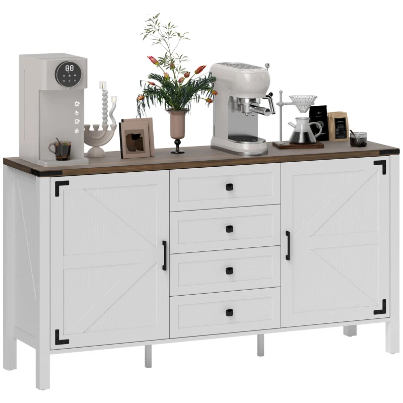 HOMCOM 59" Buffet Cabinet, Farmhouse Sideboard with Thick Top, 2 Barn Doors, 4 Drawers and 2 Adjustable Shelves, White