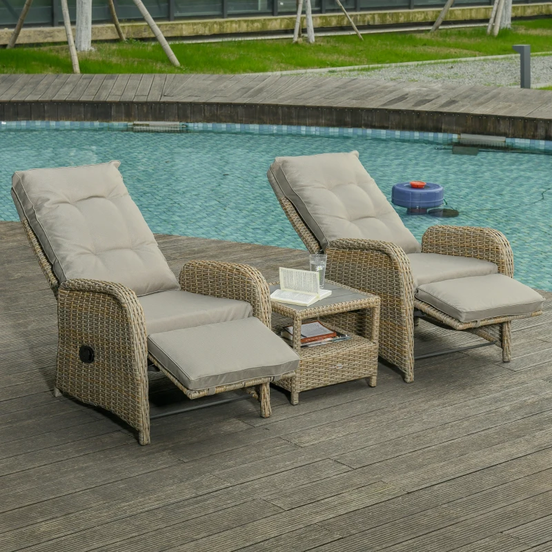 Outsunny 3 Pieces Patio Wicker Bistro Set, PE Rattan Coffee Table & Adjustable Recline Chairs Furniture Set with Cushions and Wood Grain Plastic Top, Khaki