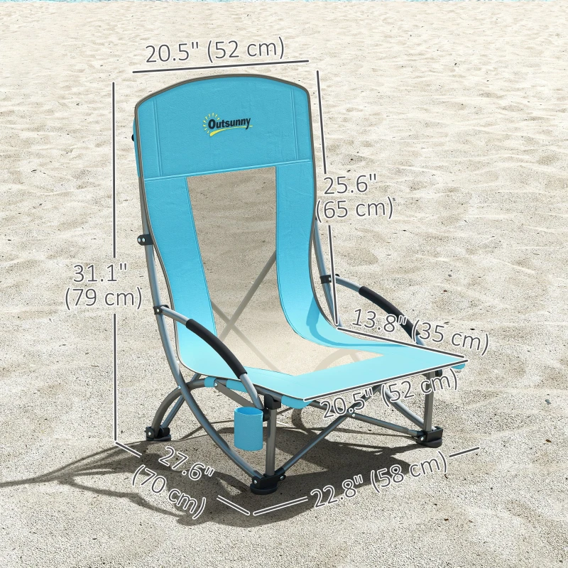 Outsunny Set of 2 Folding Beach Chairs with Mesh Back, Carry Bag and Cup Holder for Outdoor Camping Lawn, 27.6" x 22.8" x 31.1"