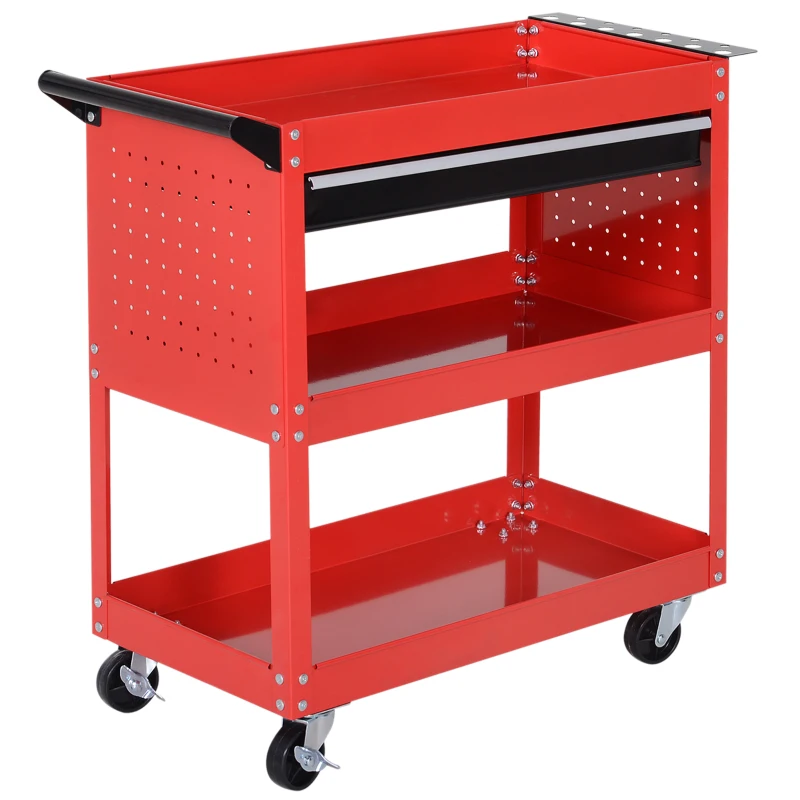 HOMCOM Tool Cart on Wheels, Utility Cart with Wheels, Ball Bearing Drawer, Storage Trays for Garage, Warehouse, Workshop, Red