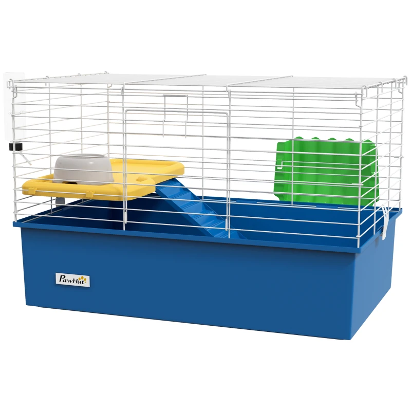 PawHut 18.5" Small Animal Cage with Water Bottle, Food Dish, Platform, Ramp, Blue