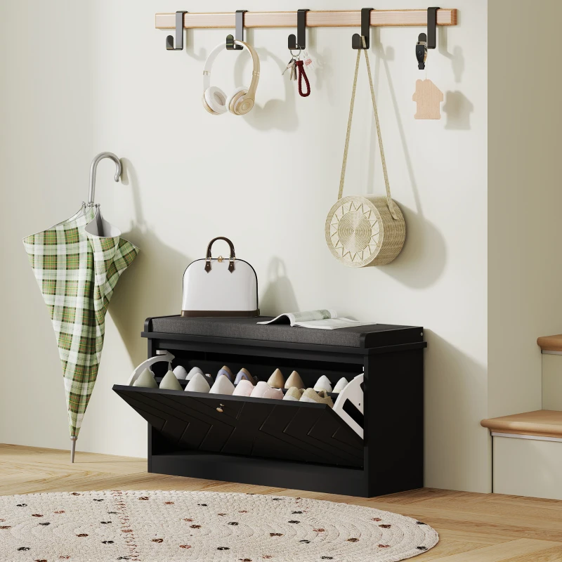 HOMCOM Shoe Storage with Seat, Upholstered Hallway Bench, Shoe Bench with Flip Drawer, Adjustable Shelf for 8 Pairs of Shoes