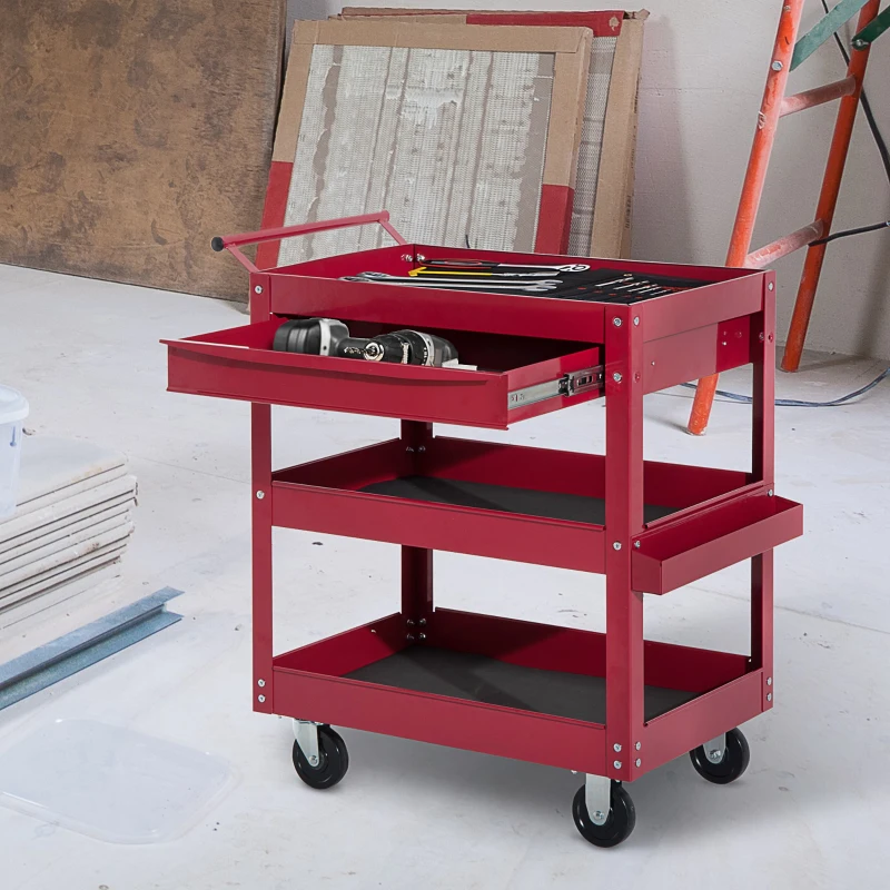 HOMCOM 3-Tier Rolling Tool Cart with Drawer and Side Box, 132 LBS Capacity Steel Utility Cart, Mobile Service Tool Organizer for Garage, Warehouse, Workshop, Red