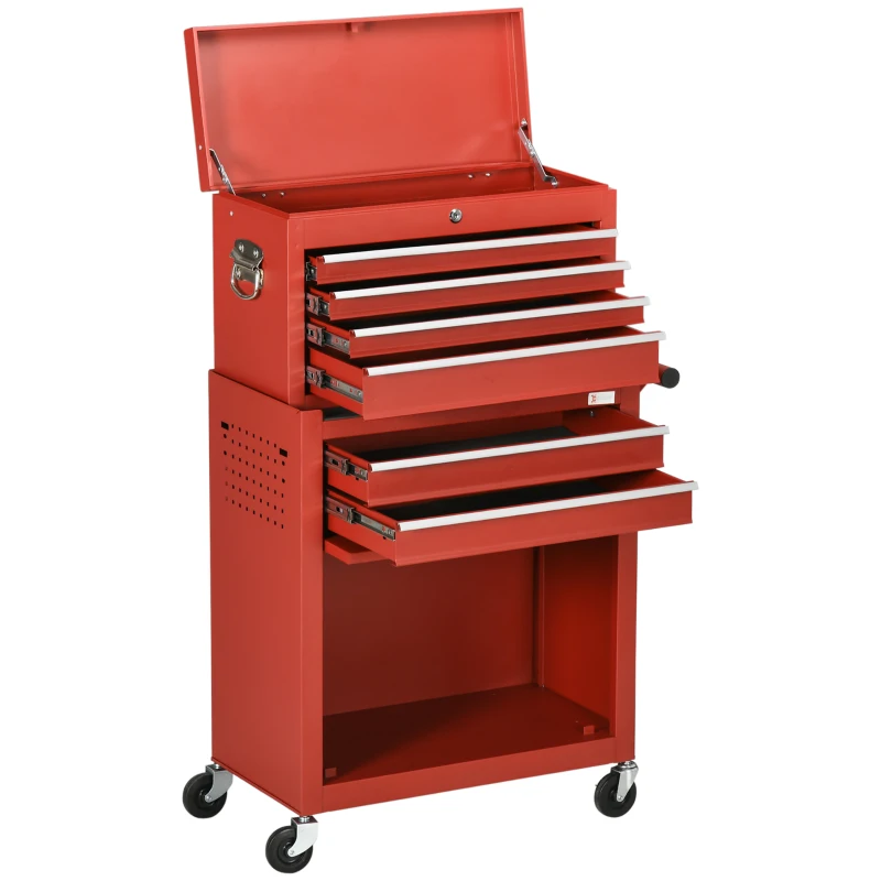 DURHAND 6-Drawer Tool Chest Set with 4 Wheels, Lockable Rolling Tool Box and Storage Cabinet for Garage Factory Workshop, Red