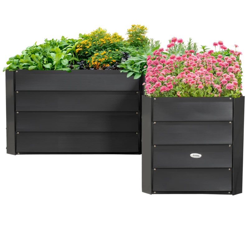 Outsunny 45" x 45" x 17" L-Shaped Galvanized Steel Raised Garden Bed for Vegetables, Flowers, Herbs, Dark Grey