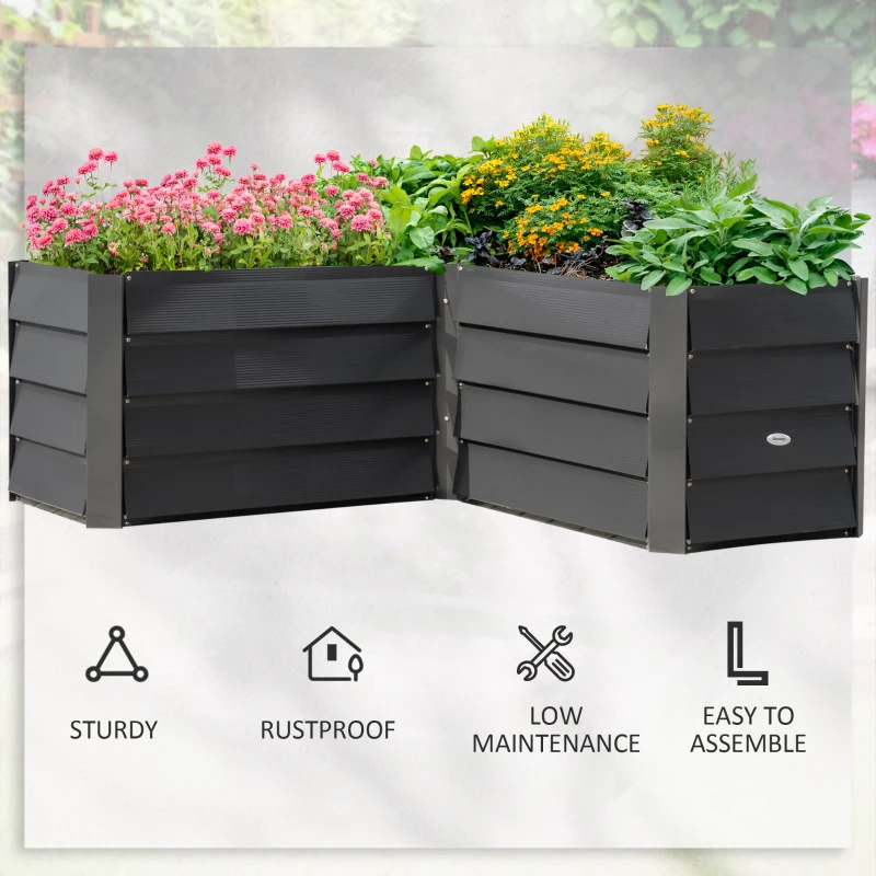 Outsunny 45" x 45" x 17" L-Shaped Galvanized Steel Raised Garden Bed for Vegetables, Flowers, Herbs, Dark Grey