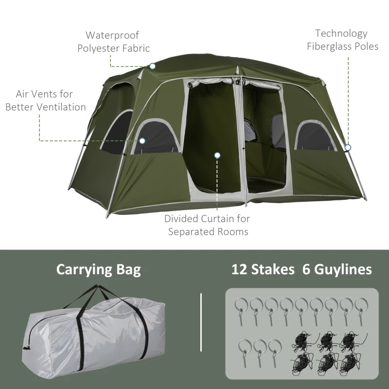 Outsunny 4-8 Person Family Tent, Camping Tent with 2 Room Mesh Windows, Easy Set Up for Backpacking, Hiking, Outdoor, Dark Green
