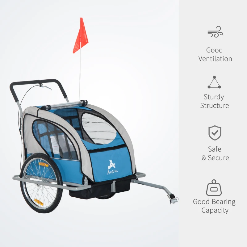 Aosom Child Bike Trailer Kid Bicycle Trailer with Adjustable Handlebar 2-Seater Blue and Black