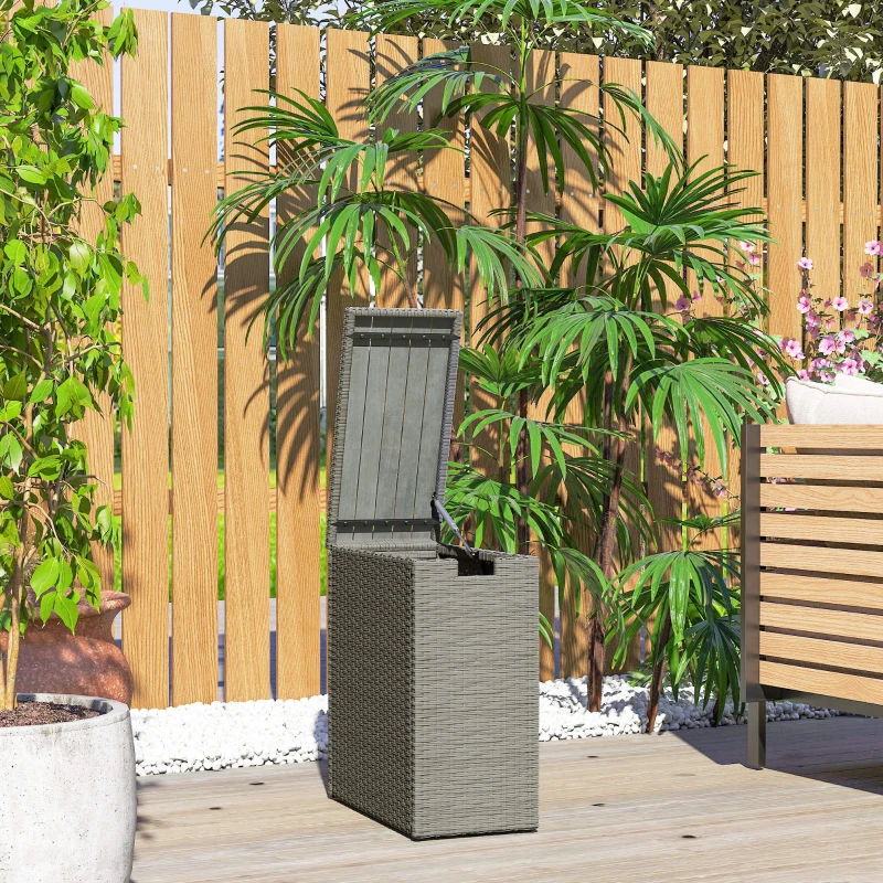 Outsunny 17-Gallon Small Deck Box, Wicker Outdoor Storage Box with Acacia Wood Top for Patio Cushions and Garden Tools, Gray