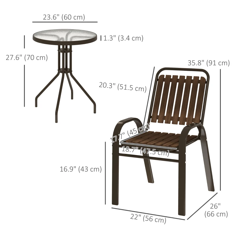 Outsunny 3 Pieces Patio Bistro Set, 2 Stackable Chairs with Tempered Glass Table, for Outdoor, Garden Backyard Porch, Dark Brown