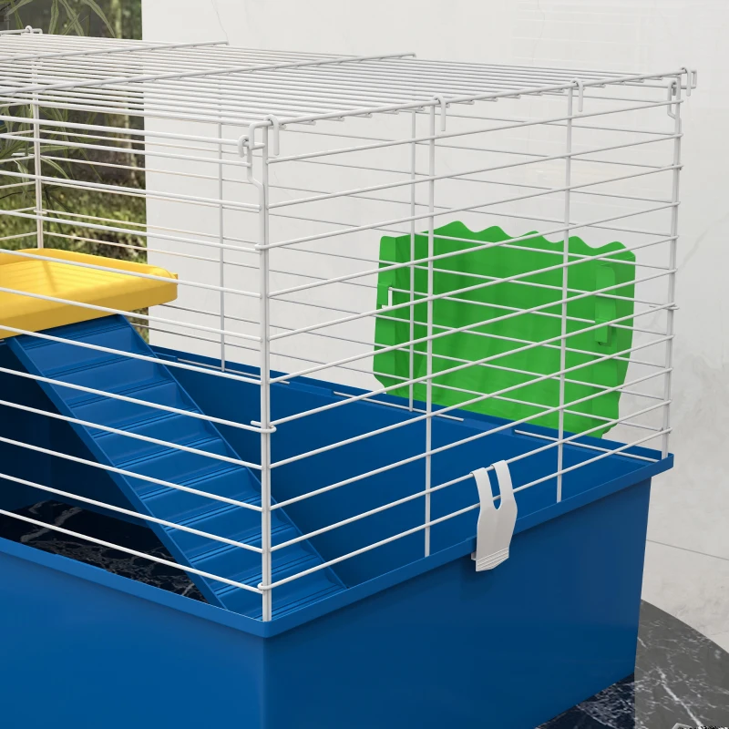 PawHut 18.5" Small Animal Cage with Water Bottle, Food Dish, Platform, Ramp, Blue