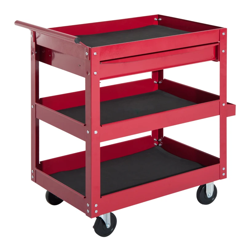 HOMCOM 3-Tier Rolling Tool Cart with Drawer and Side Box, 132 LBS Capacity Steel Utility Cart, Mobile Service Tool Organizer for Garage, Warehouse, Workshop, Red