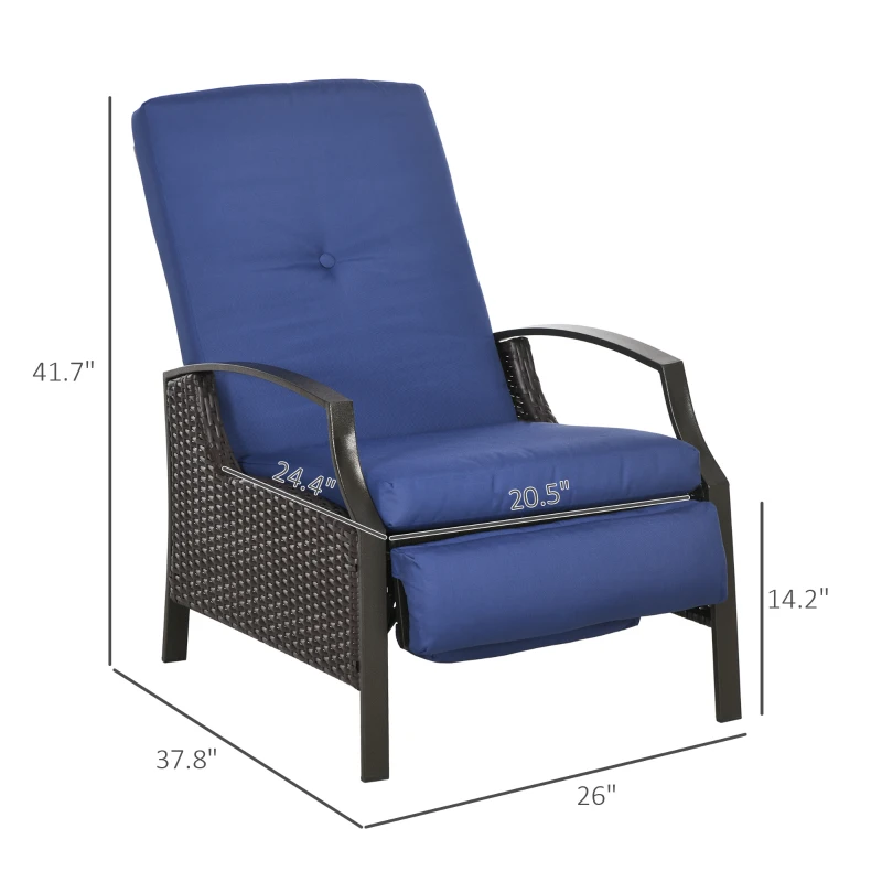 Outsunny Outdoor Rattan Recliner Chair, Wicker Reclining Chair with Cushions, Footrest, Armrests for Balcony, Porch, Dark Blue