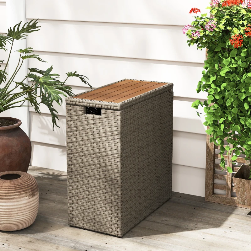 Outsunny 17-Gallon Small Deck Box, Wicker Outdoor Storage Box with Acacia Wood Top for Patio Cushions and Garden Tools, Teak