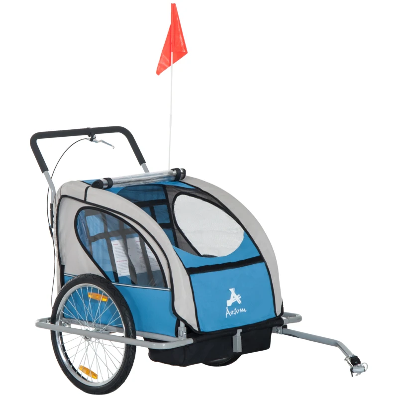 Aosom Child Bike Trailer Kid Bicycle Trailer with Adjustable Handlebar 2-Seater Blue and Black