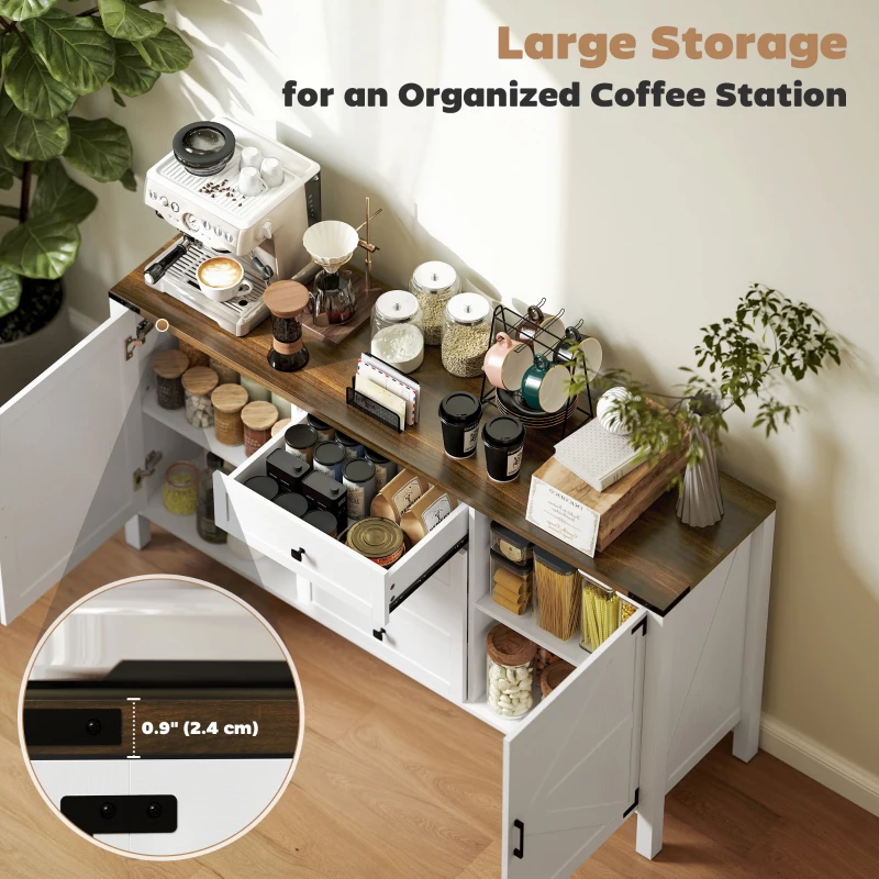 HOMCOM 59" Buffet Cabinet, Farmhouse Sideboard with Thick Top, 2 Barn Doors, 4 Drawers and 2 Adjustable Shelves, White