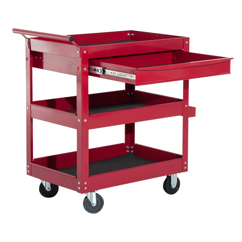 HOMCOM 3-Tier Rolling Tool Cart with Drawer and Side Box, 132 LBS Capacity Steel Utility Cart, Mobile Service Tool Organizer for Garage, Warehouse, Workshop, Red