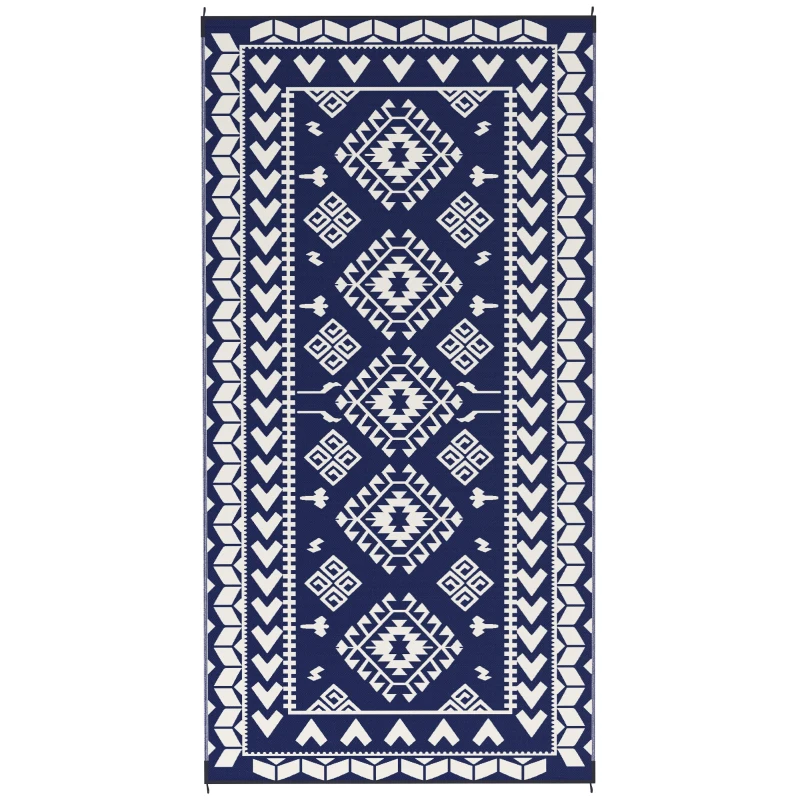 Outsunny Reversible Outdoor Rug, Waterproof Plastic Straw with Carry Bag, 9' x 18', Blue & White Rhombus Patchwork